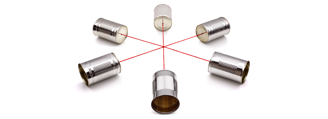 Six tin cans connected by string to form a walkie-talkie conference system